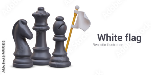 Surrender on chessboard. Group of black chess pieces holds white flag