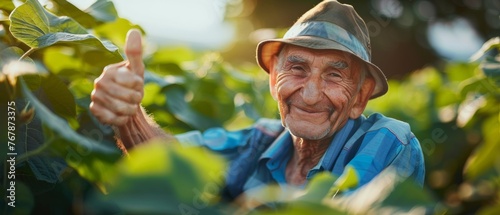A farmer is working on a soybean plantation. An older man is looking at the camera with his thumb up.