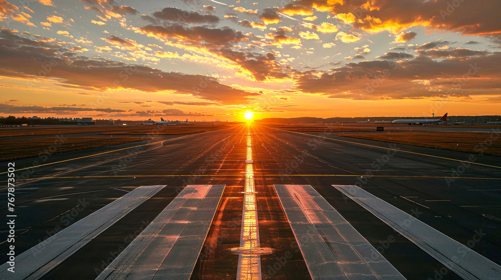 The golden hour casts a fiery glow over the clouds above the airport runway, inviting wanderlust and adventure - obrazy, fototapety, plakaty 
