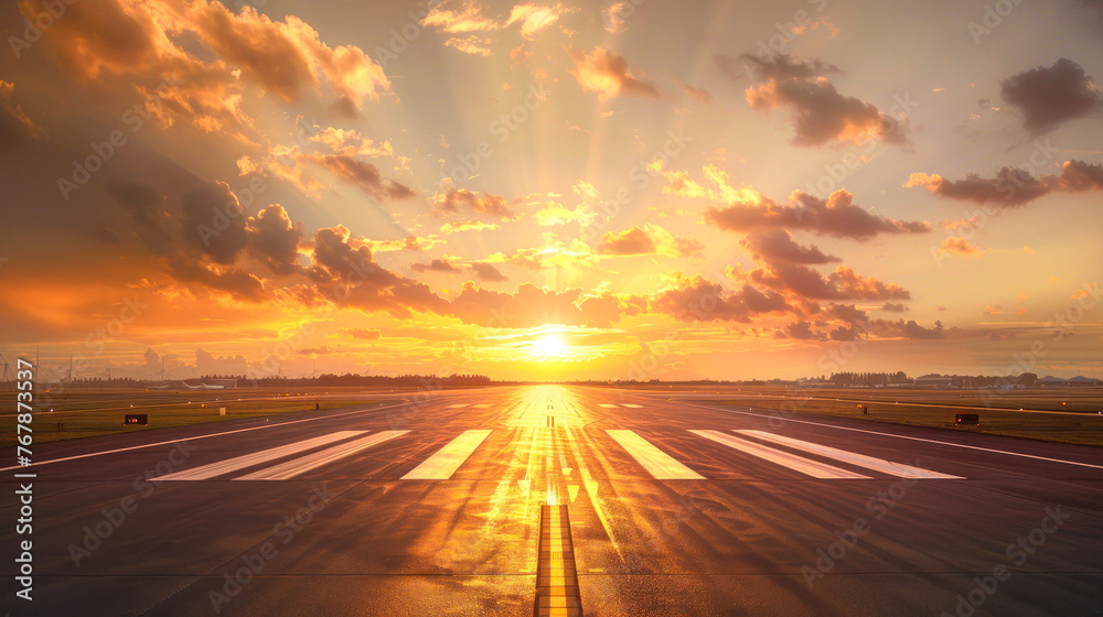 The radiant sun casts a spectacular light over a runway during the golden hour connoting hope