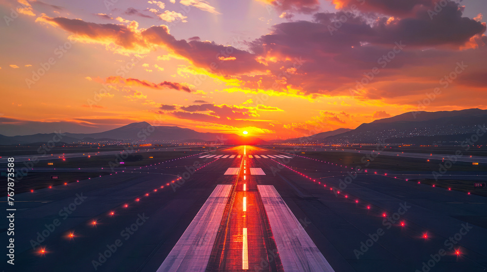 The scene encapsulates the mountain silhouette against a sunset backdrop, with the runway guiding your eye towards the natural beauty The scene encapsulates the mountain silhouette against a sunset backdrop, with the runway guiding your eye towards the natural beauty