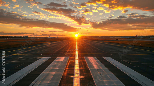 The golden hour casts a fiery glow over the clouds above the airport runway, inviting wanderlust and adventure