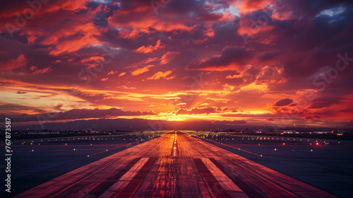 This striking image showcases the brilliance of a sunset above the runway, creating a captivating atmosphere at the airport © Fxquadro
