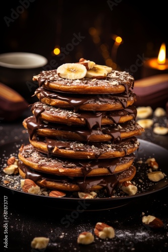Scrumptious banana pancakes with rich chocolate and crunchy almonds on a vivid background