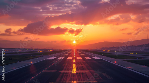 An airstrip with bright guiding lights leads to a picturesque mountainous sunset backdrop