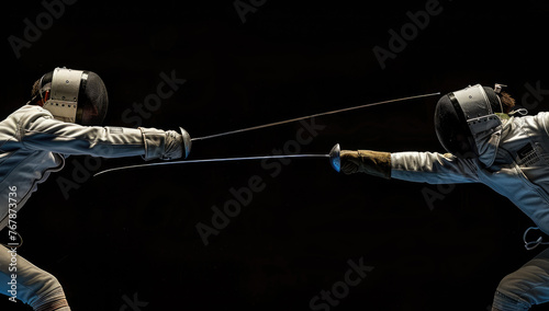 fencing sport, two fencers fighting each other with their foils on a black background, closeup of the foil and its metal tip hitting another's mask photo