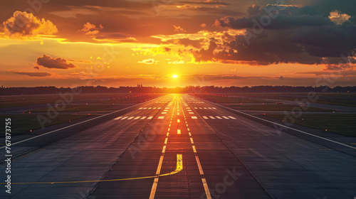 An impressive sunset view at an airport runway, where the landing strip marks lead towards the horizon