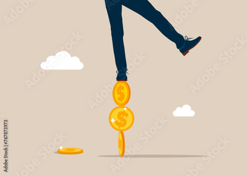 Investor falling from stack of unstable money coins. Financial instability. Modern vector illustration in flat style photo