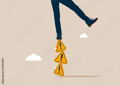 Man falling from stack of unstable exclamation attention sign. Unstable cooperation, risky situation. Flat vector illustration