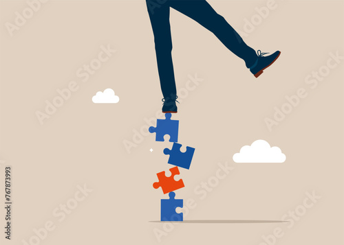 Man falling from stack of unstable puzzle. Flat vector illustration