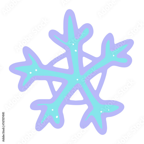 Doodle Christmas snowflake. Hand-drawn blue, violet color snow on white background. Xmas line winter holiday symbol of the New Year. Cold sign. Festive decoration element. Vector snowy illustration