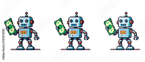 vector pixel icon with a robot holding dollar money in his hand on a white background