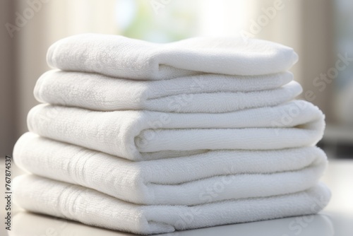 Neatly stacked white towels on bed in spacious bedroom  wide angle shot with empty area