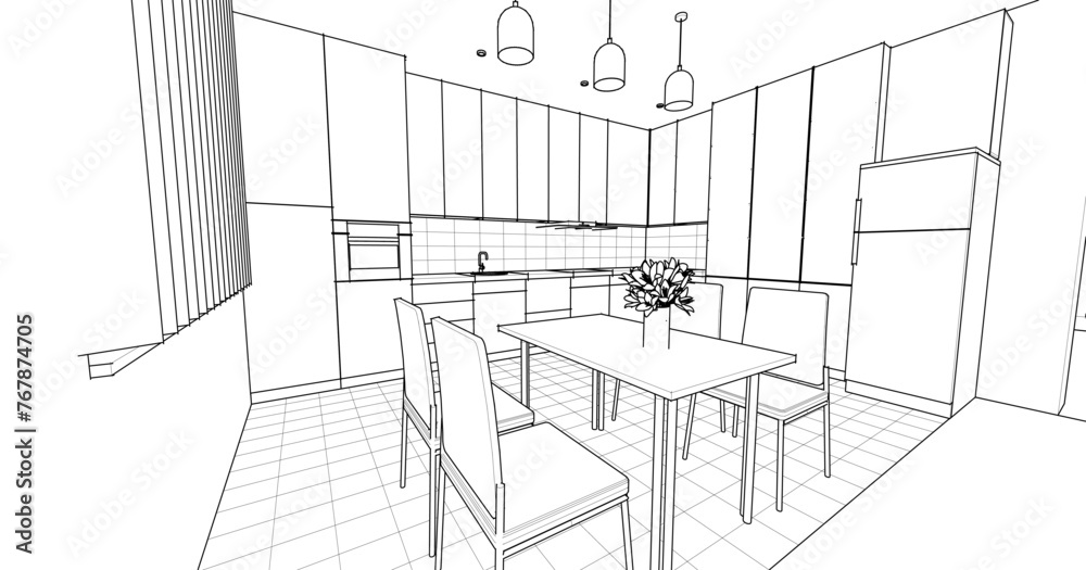 house interior design kitchen 3d illustration