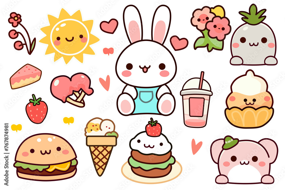 Set of cute kawaii emoticon character food animal stickers