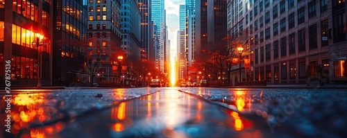 Urban street during golden hour. Cityscape photography with wet reflections for travel and metropolitan themes photo