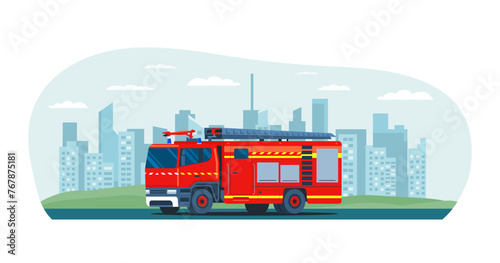 Fire truck against the backdrop of the city landscape. Vector flat style illustration.