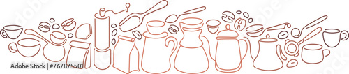 Coffee outline banner. Drip bag, aroma beans, capsule, kettle, french press in simple doodle pattern. Espresso cup, cappuccino