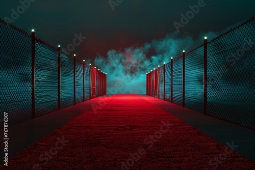 a red carpet on a walkway with lights and a foggy sky photo