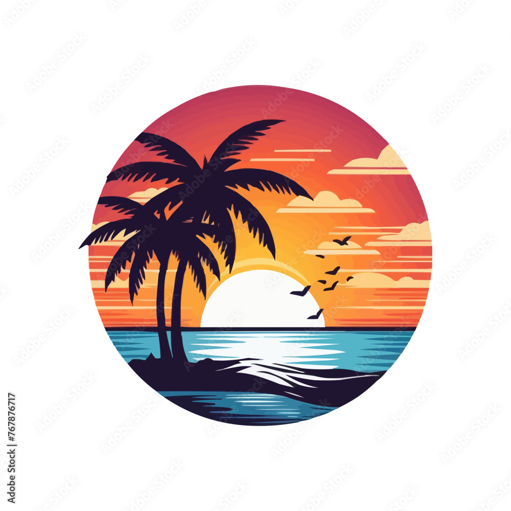 beach sunset and palm tree logo design icon symbol vector illustration.