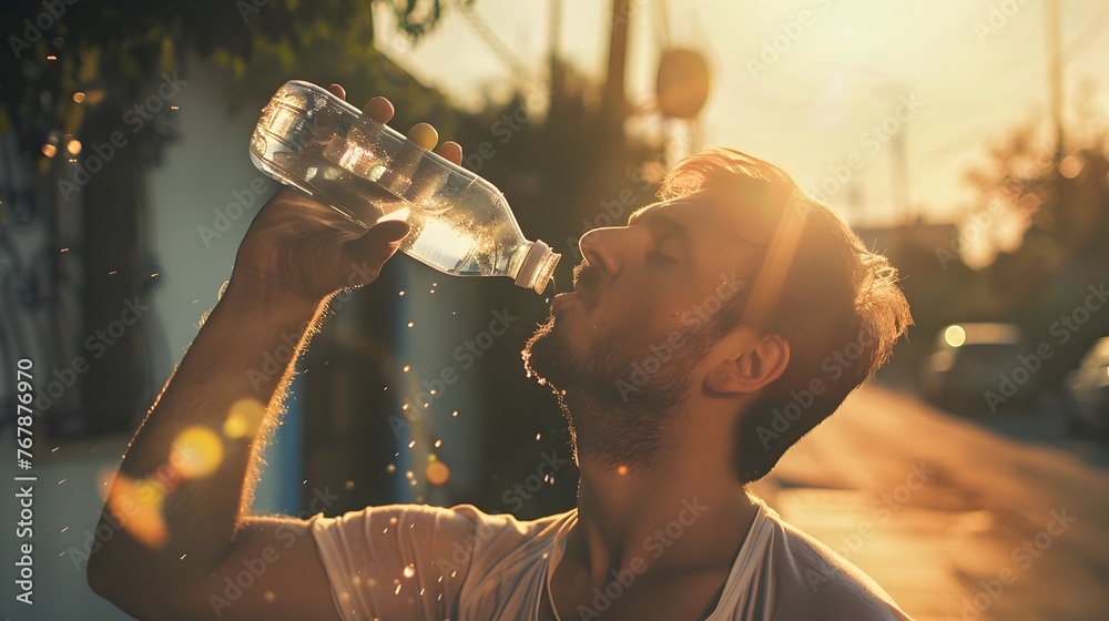 Man drinking water, hydrating on a very hot day. bottle of crystal clear water. - obrazy, fototapety, plakaty 