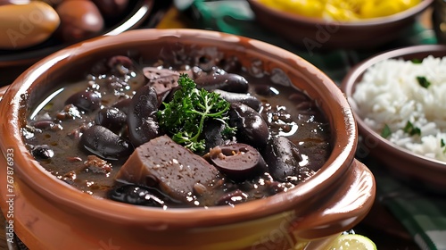 a ceramic container with feijoada, traditional Brazilian food, served with pork and side dishes such as rice, cassava, orange cabbage and farofa