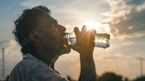 Man drinking water, hydrating on a very hot day. bottle of crystal clear water. photo