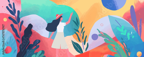 spring background in cartoon style. Pink and purple sakura, cherry, magnolia in bloom. Asian horizontal landscape with lake, hills, trees and flowers. Banner with copy space.