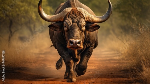 A large bull is running through a dirt road