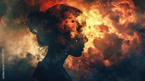 Double exposure of woman's silhouette against ruined city in fire, because of war