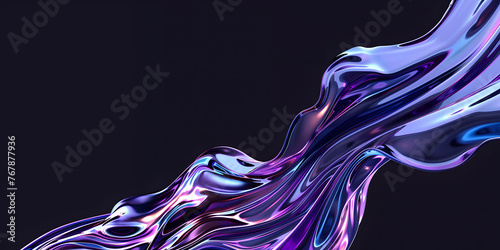 abstract 3D background in the form of a transparent purple wave on a black background, liquid glass texture, purple iridescent shiny wave