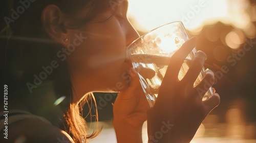 woman drinking water, hydrating on a very hot day. glass of crystal clear water.