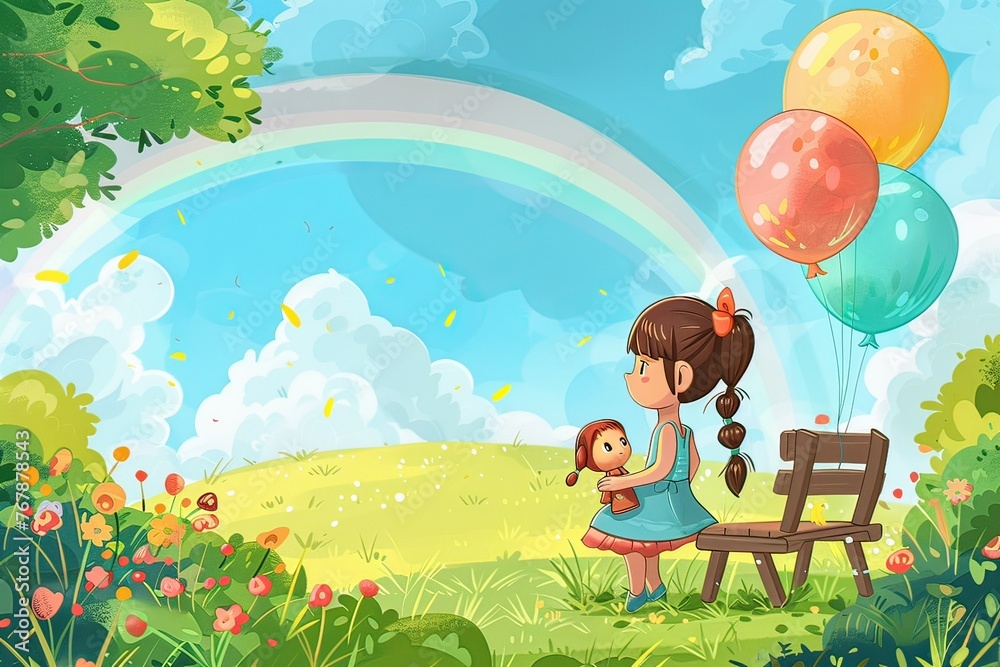 Naklejka premium Happy Children's Day greeting card. Cartoon little girl sitting in the park looking at the rainbow background. Generative AI