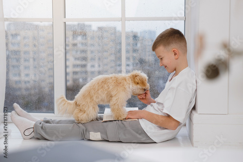 Young boy sitting on a window sill, playing with maltipoo dog, reading book for pet