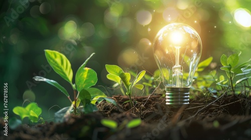 light bulb is lit up and is surrounded by green leaves. The light bulb is glowing brightly, creating a warm and inviting atmosphere. Concept of growth and vitality