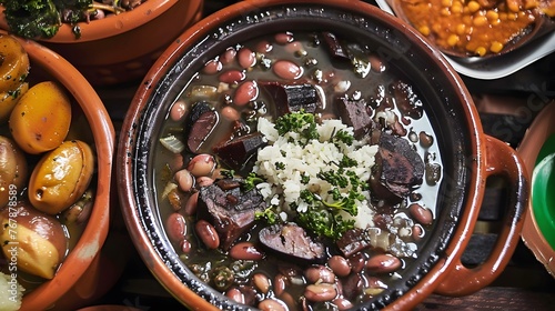 a ceramic container with feijoada, traditional Brazilian food, served with pork and side dishes such as rice, cassava, orange cabbage and farofa