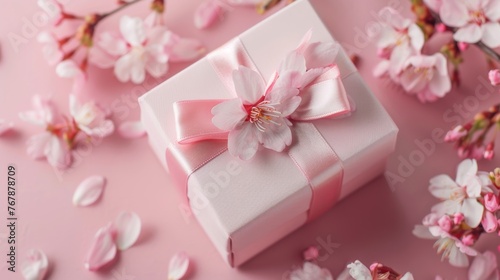 present gift box with tiny pale pink satin ribbon decorated with blooming sakura flowers on pale pink background, birthday, decorative, white, surprise, beautiful, wedding