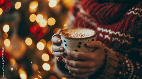 Woman holding in hands a mug of hot chocolate or coffee, winter, woman, tea cup, drink, christmas, home, season, cozy, person, young, warm, holiday, coffee, autumn, relaxation.