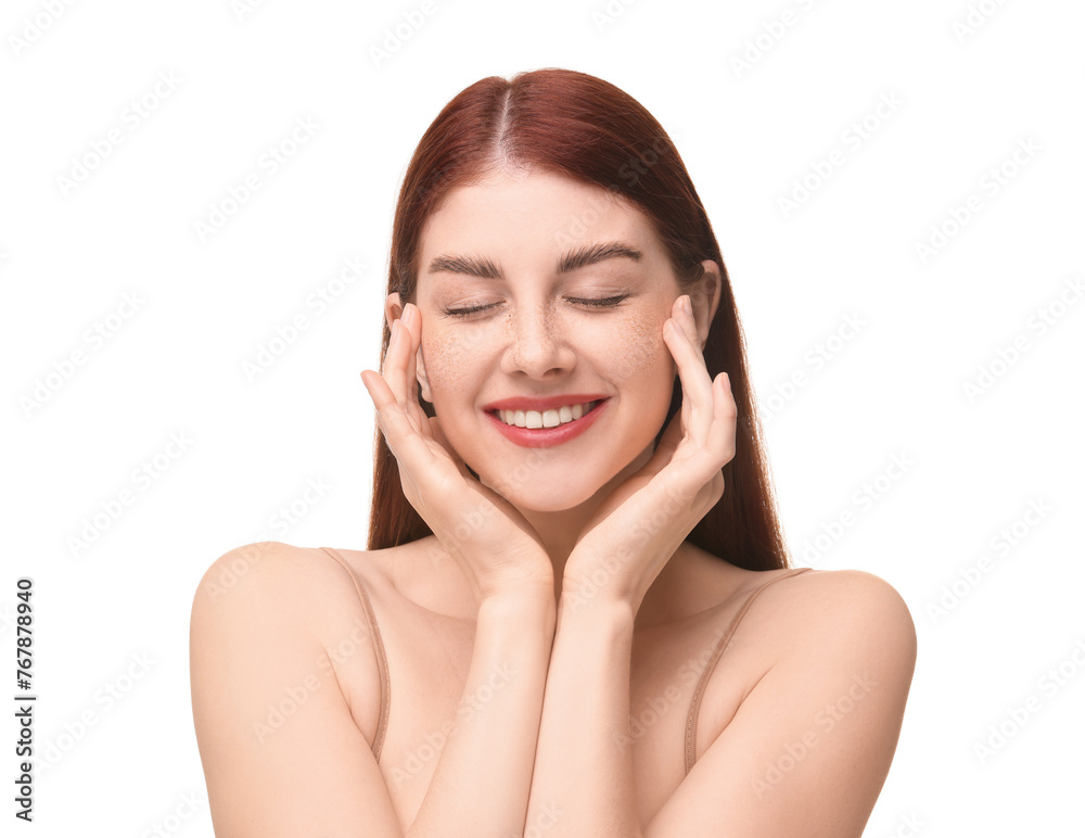 Portrait of smiling woman on white background Portrait of smiling woman on white background