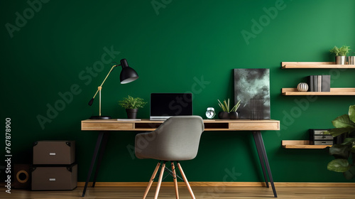 Home office. Stylish modern minimalistic home work desk with laptop and lamp, chair and plants. Big empty emerald green wall for copy space. © Юлия Блажук