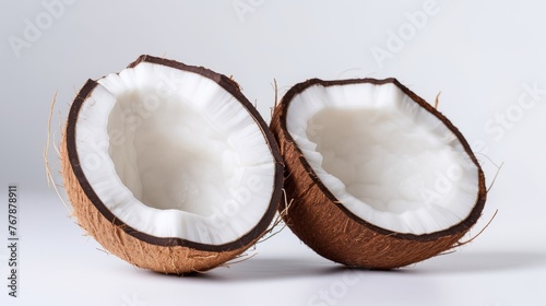 Macro photo of halved coconut on white background