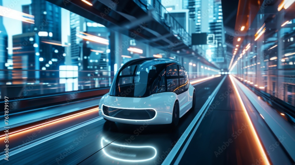 Fototapeta premium A self-driving car smoothly navigates a modern cityscape at night, showcasing innovative transportation technology in an urban environment.