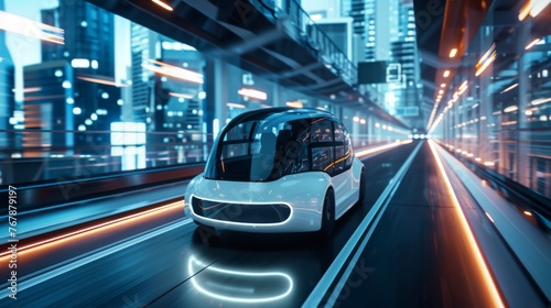 A self-driving car smoothly navigates a modern cityscape at night, showcasing innovative transportation technology in an urban environment. photo