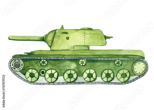 Watercolor military equipment for children, military tank green for boys, postcard © MarinaErmakova