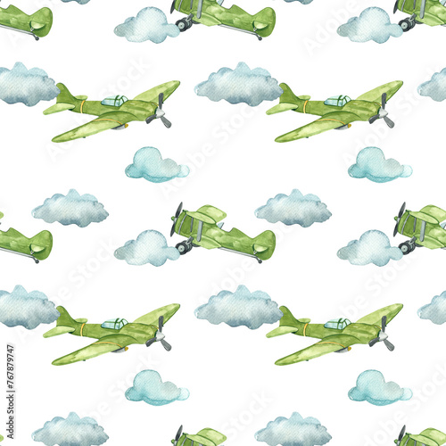 Watercolor seamless pattern with military aircraft, air transport for children's prints on a white background