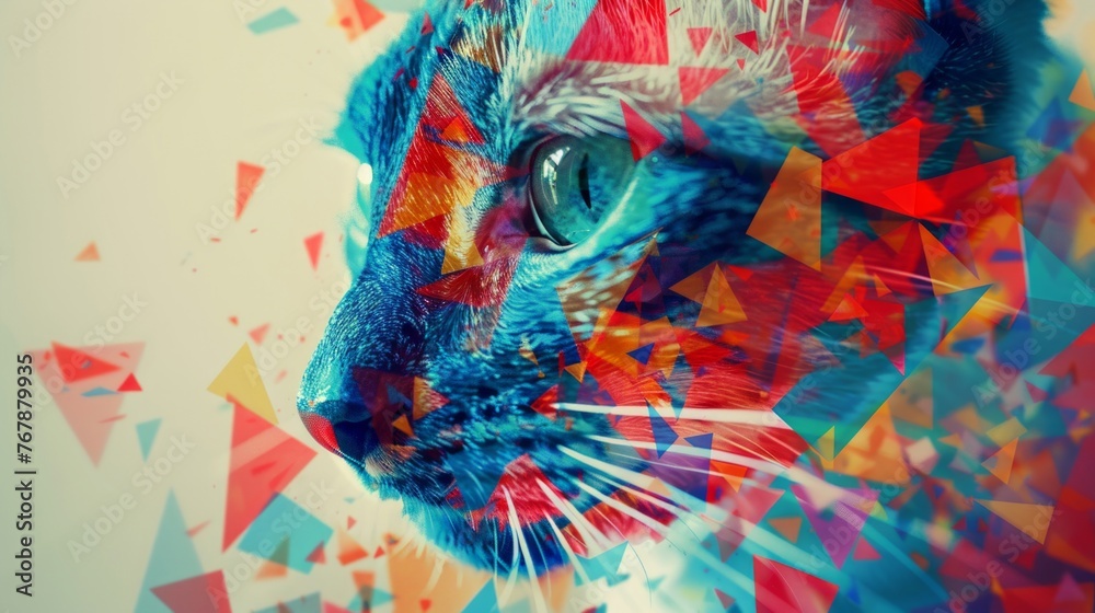 Fototapeta premium A vibrant abstract artwork blending a cat's image with colorful geometric shapes, embodying creativity and modern design.