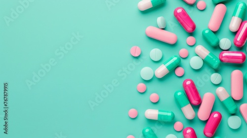 Various colorful pills and capsules scattered across a bright turquoise background, symbolizing healthcare and medicine.