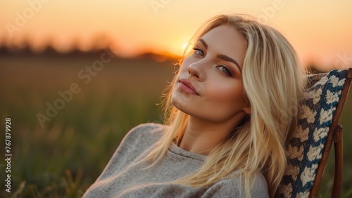 Beautiful young blonde woman sitting in camping chair at sunset