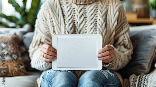 Person in a cozy sweater holding a tablet with a blank screen.