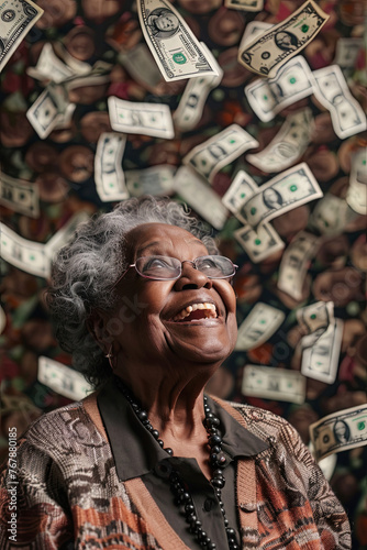 An elderly woman smiling looking at the money falling from above